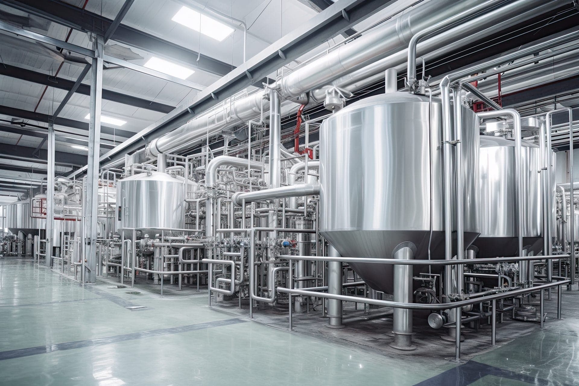 Stainless steel process tanks and pipework in a clean plant room.