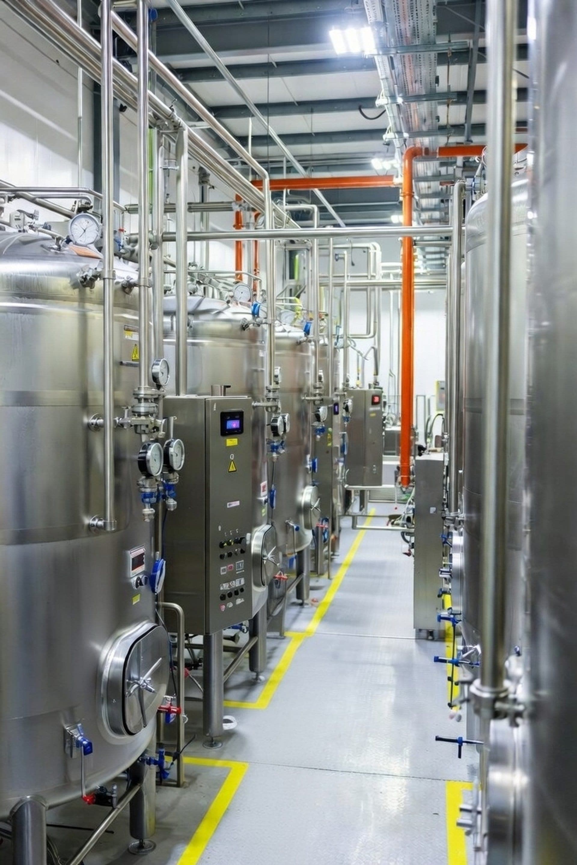 A row of stainless steel process vessels with gauges, valves and local control panels.